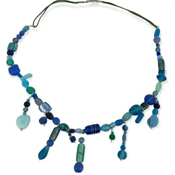 Frosted Blue Glass Boho Style Beaded Necklace 25" Shades Dangle Frosted Beads - Picture 1 of 10